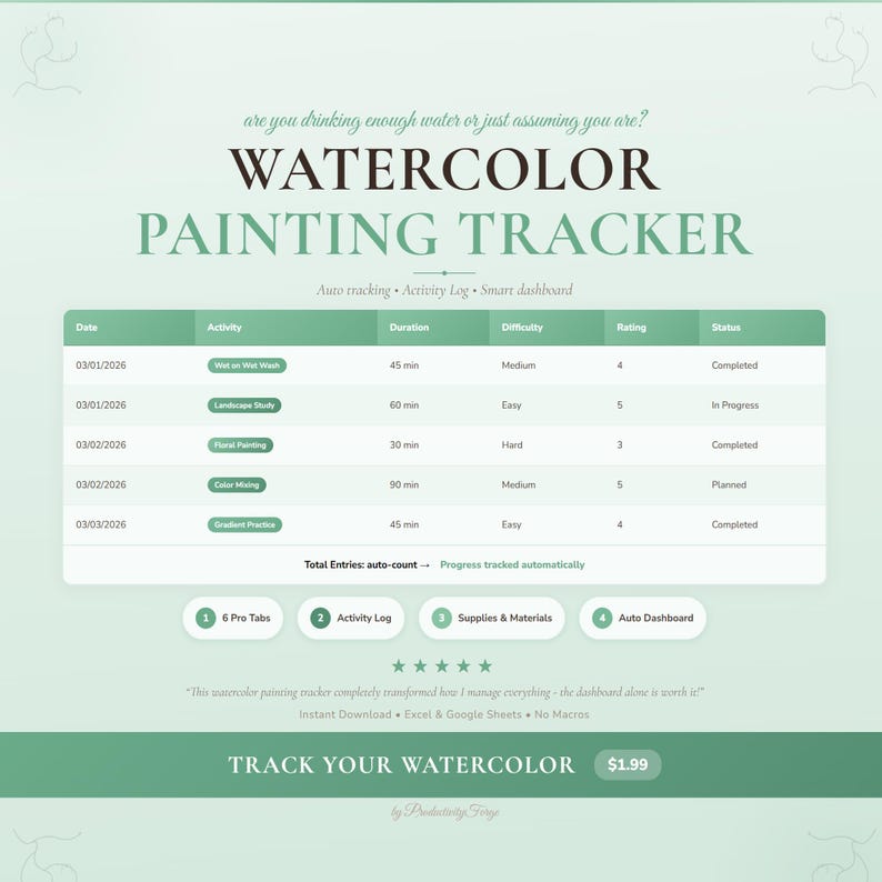 Watercolor Painting Spreadsheet Tracker Hydration Daily Water Google Sheets Excel Digital ...