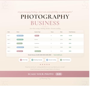 Op de afbeelding: Een digitale marketingafbeelding voor fotografiebedrijven. De afbeelding toont een tabel met klantgegevens, sessietypes en inkomsten. Tekst bevat "PHOTOGRAPHY BUSINESS" en "SCALE YOUR PHOTO".