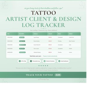 Può includere: Un tracker di registro digitale verde e bianco per tatuatori. Include sezioni per informazioni sui clienti, dettagli sul design e monitoraggio finanziario. Il testo sull'immagine dice "TATTOO ARTIST CLIENT & DESIGN LOG TRACKER".