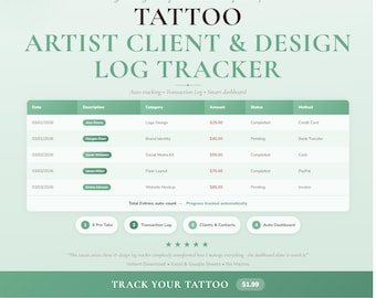 Tattoo Artist Client Log | Tattoo Booking Tracker Spreadsheet Google Sheets Excel Template