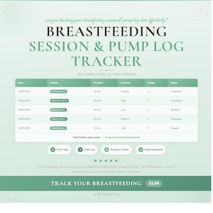 Puede incluir: Una hoja de cálculo digital para el seguimiento de sesiones de lactancia y extracción con fondo verde claro. La interfaz muestra una tabla de datos con columnas para fecha, actividad, duración, intensidad, calificación y estado, y cuatro pestañas.