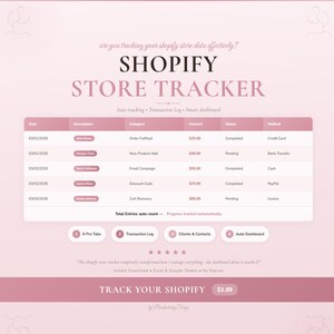 May include: A pink Shopify Store Tracker graphic with the text "Shopify Store Tracker." The graphic includes a table with transaction data, and the text "Track Your Shopify." The graphic also includes the text "Auto tracking • Transaction Log • Smart dashboard."