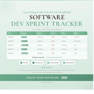 May include: A teal and white software dev sprint tracker with a table displaying data entries. The tracker includes sections for auto-tracking, transaction logs, and a smart dashboard. Text on the image reads "TRACK YOUR SOFTWARE" and "£1.99".