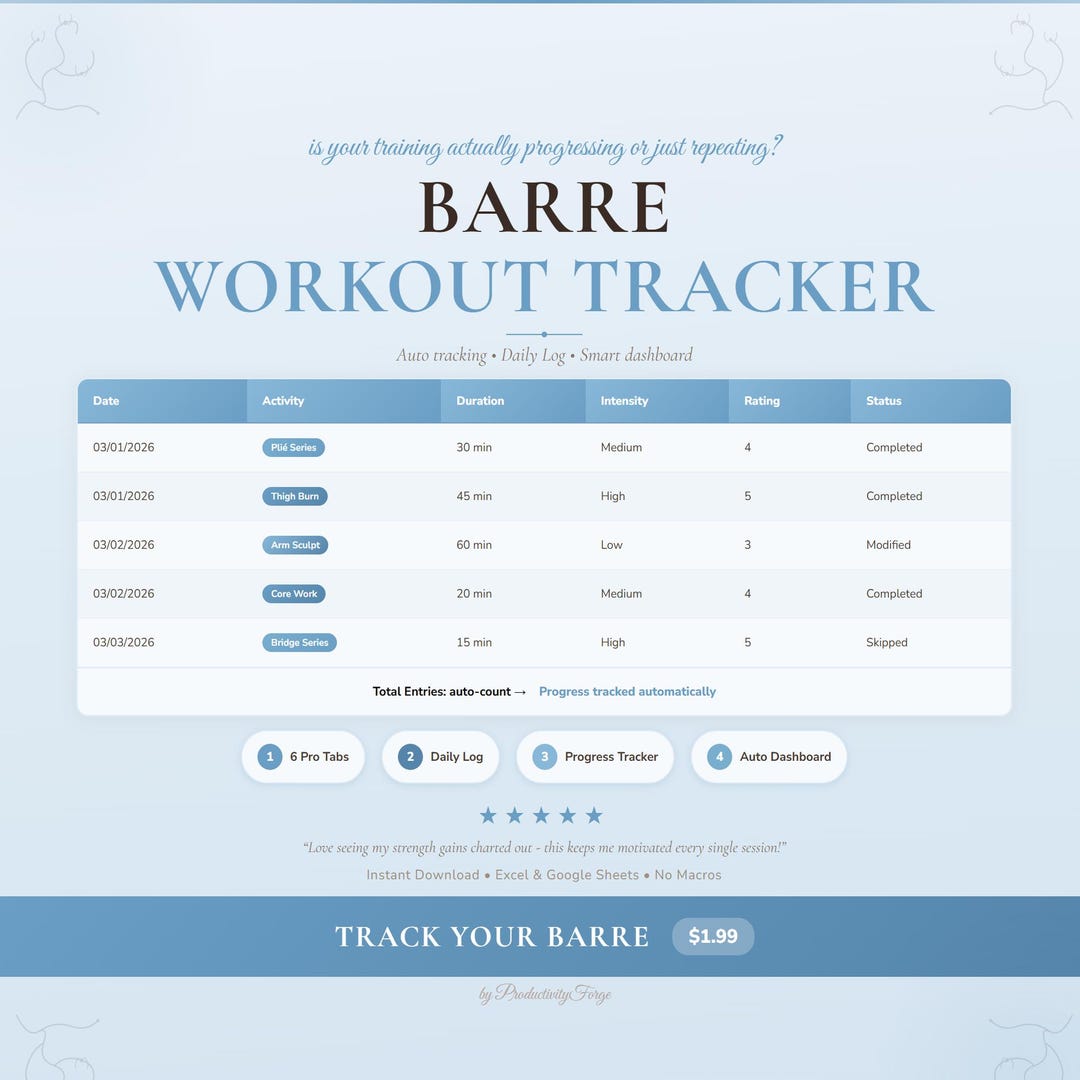 Barre Workout Tracker Spreadsheet Google Sheets Excel Gym Exercise ...