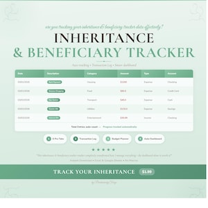 May include: A digital Inheritance & Beneficiary Tracker spreadsheet template with a light green background. It features a transaction log table with columns for date, description, category, amount, type, and account, plus four navigation buttons.
