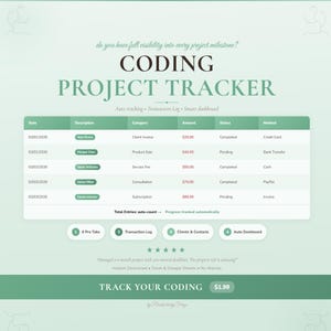 May include: A digital project tracker with the title "CODING PROJECT TRACKER". The design features a green and white color scheme with a table displaying transaction logs, and the text "TRACK YOUR CODING" at the bottom.