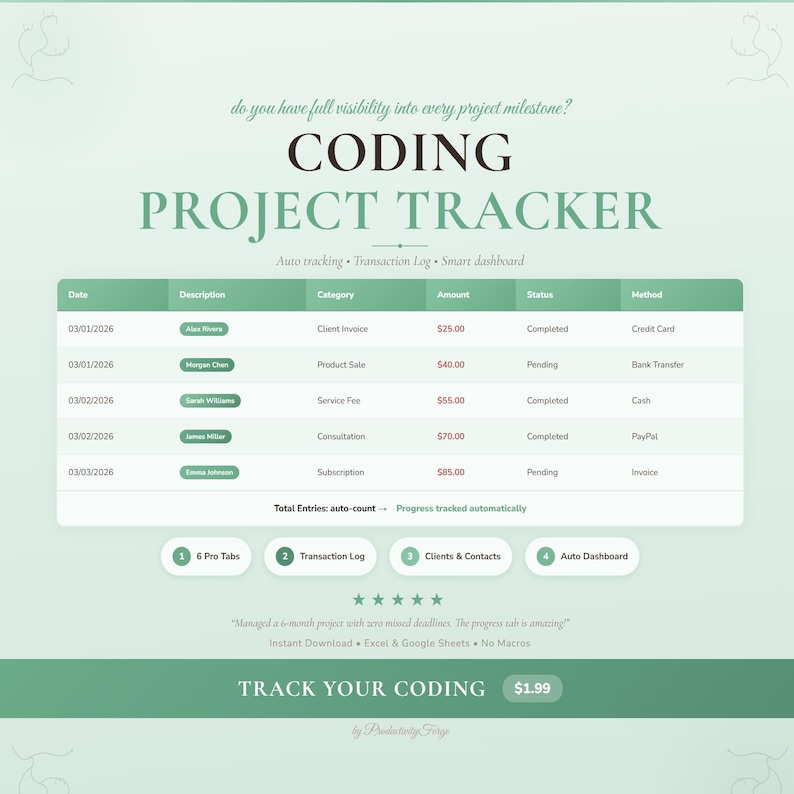 Pu&ograve; includere: Un tracker di progetto digitale con il titolo "CODING PROJECT TRACKER". Il design presenta una combinazione di colori verde e bianco con una tabella che mostra i registri delle transazioni e il testo "TRACK YOUR CODING" in basso.