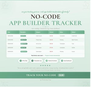 Puede incluir: Un gráfico en verde azulado y blanco que promociona un "NO-CODE APP BUILDER TRACKER". El diseño incluye una tabla de datos con entradas, una sección para "6 Pro Tabs" y el texto "TRACK YOUR NO-CODE 1,99 $."