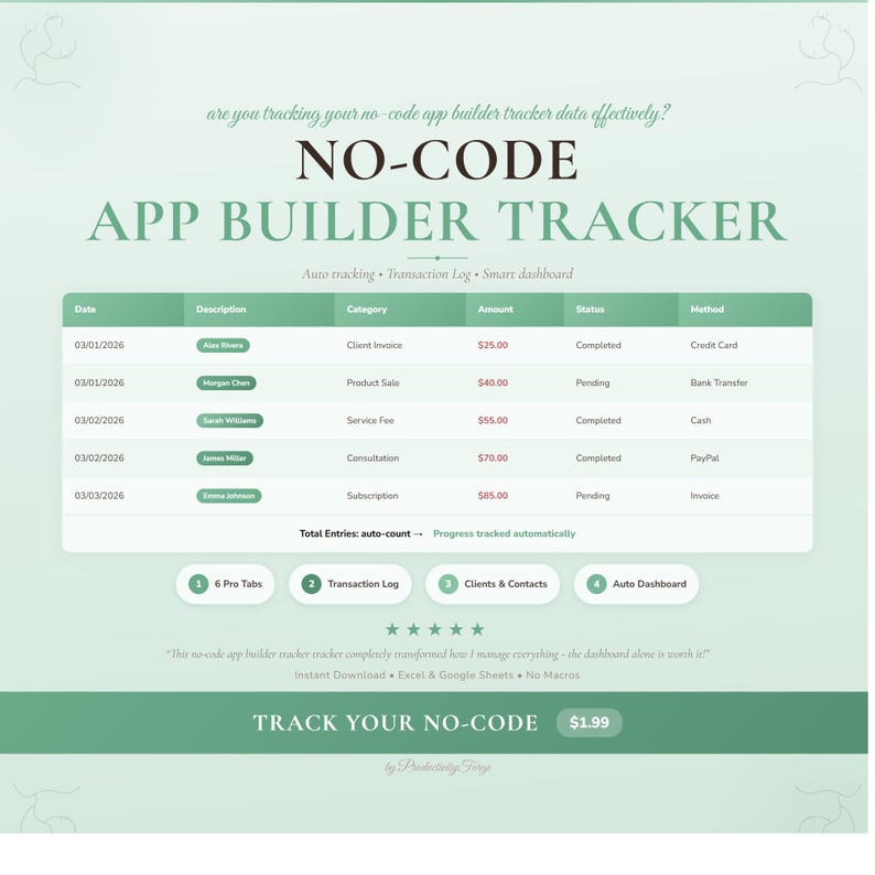 No-Code App Tracker | Build Progress Feature Log Spreadsheet Google Sheets Excel Template image 1