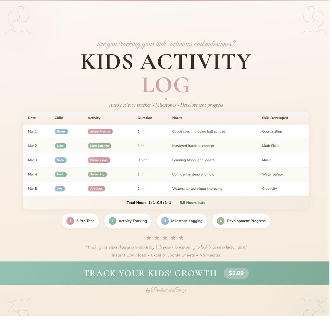 Kids Activity Log Spreadsheet Google Sheets Excel Activity Tracking ...