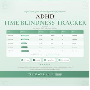 May include: A digital ADHD Time Blindness Tracker in green and white. The tracker displays data for activities, durations, and ratings. Text includes "Track Your ADHD" and "Instant Download". The design is clean and informative.