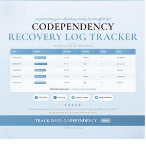 Puede incluir: Un rastreador digital de registro de recuperación de codependencia con un diseño azul y blanco. El rastreador incluye secciones para fecha, actividad, duración, intensidad, calificación y estado. Con seguimiento automático y diario.