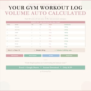 May include: A workout log with the title "YOUR GYM WORKOUT LOG VOLUME AUTO CALCULATED". The log includes sections for exercise, sets, reps, weight, and volume. The text "Excel + Google Sheets * Instant Download" is also visible.