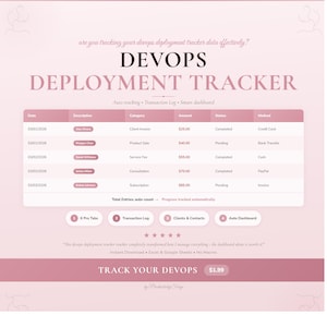 Peut inclure: Un suivi de déploiement DevOps rose et blanc avec un tableau affichant des entrées de données. Le suivi comprend des sections pour le suivi automatique, les journaux de transactions et un tableau de bord intelligent. Le texte sur l'image comprend "Track Your DevOps".