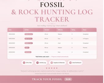 Printable Fossil Hunting Log Tracker | Sports Spreadsheet Google Sheets Excel Template