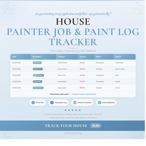 Può includere: Un tracker digitale per il registro dei lavori e della vernice per la casa, con un design blu e bianco. Il tracker include sezioni per data, descrizione, categoria, importo, stato e metodo. Offre il monitoraggio automatico e un dashboard intelligente.