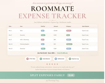 Roommate Expense Tracker: Google Sheets & Excel Bill Splitter (Digital Download)
