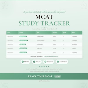Puede incluir: Un rastreador de estudio MCAT digital con un esquema de color verde y blanco. El rastreador incluye secciones para fecha, tema, tema, duración, calidad y estado. El texto "TRACK YOUR MCAT" se muestra en la parte inferior.