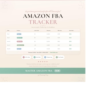 May include: A digital product display for Amazon FBA sellers, featuring a tracker with auto net profit, product log, and fee breakdown. The design includes a table showing product data, revenue, and profit margins. The text reads "MASTER AMAZON FBA".