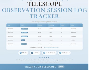 Telescope Session Log Spreadsheet | Hobby Craft Tracker Planner Google Sheets Excel Template