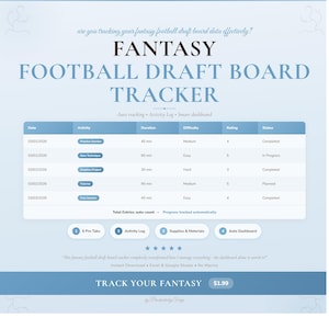 May include: A digital fantasy football draft board tracker spreadsheet interface featuring a table with columns for date, activity, duration, difficulty, rating, and status. Includes navigation tabs, a five-star review, and text labels.