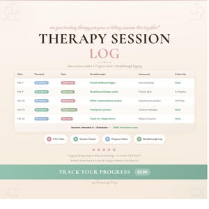 Può includere: Un registro digitale delle sedute di terapia con una palette di colori tenui. Il titolo "THERAPY SESSION LOG" è visualizzato in modo prominente. Il registro include sezioni per data, terapeuta, argomento, scoperte, compiti e follow-up. Il testo "TRACK YOUR PROGRESS" è in basso.