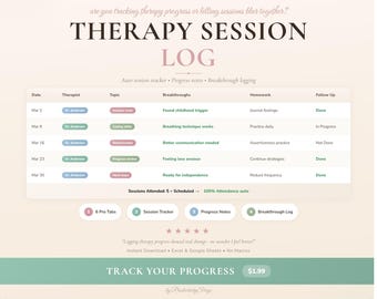 Therapy Session Log Spreadsheet Google Sheets Excel Template Mental Health Progress Tracker