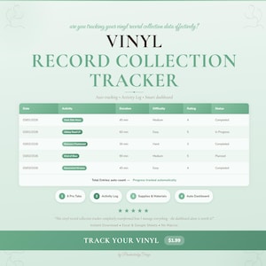 May include: A digital vinyl record collection tracker with a green and white design. The tracker includes sections for date, activity, duration, difficulty, rating, and status. Text on the image reads "Vinyl Record Collection Tracker."