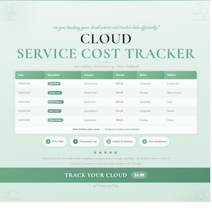 May include: A teal and white digital document titled "CLOUD SERVICE COST TRACKER." The document displays a table with data entries, including dates, descriptions, categories, and amounts. The text "TRACK YOUR CLOUD" is at the bottom.