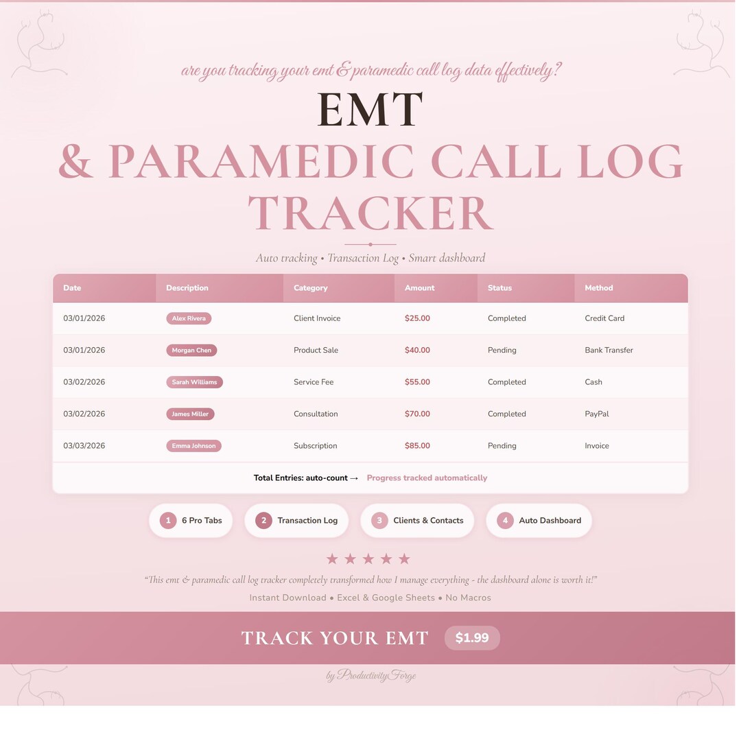 Printable EMT Call Log Tracker | Professional Spreadsheet Google Sheets ...