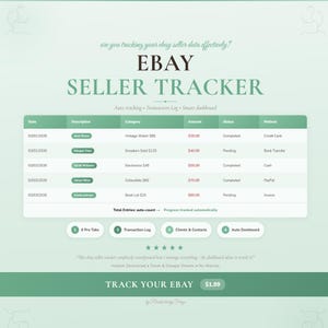 May include: A digital dashboard labelled "EBAY SELLER TRACKER" in green and white. It shows transaction logs with dates, descriptions, categories, amounts, statuses, and payment methods. The text "TRACK YOUR EBAY" is also visible on the dashboard.