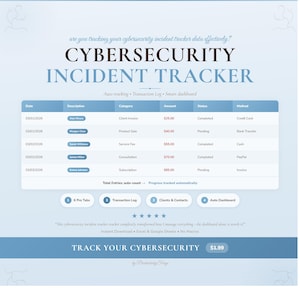 May include: A digital cybersecurity incident tracker template with a blue and white design. The template includes sections for date, description, category, amount, status, and method. Text includes "CYBERSECURITY INCIDENT TRACKER" and "TRACK YOUR CYBERSECURITY".