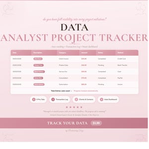 May include: A pink and white digital project tracker with the title "DATA ANALYST PROJECT TRACKER." The tracker includes sections for date, description, category, amount, status, and method. The text "TRACK YOUR DATA" is also visible.