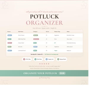 Op de afbeelding: Een roze en groene potluck-organizer met een tabelindeling voor gerechtnamen, categorieën en porties. De tekst luidt "POTLUCK ORGANIZER" en bevat een sectie voor dieetlabels en notities. De onderkant heeft een oproep tot actie om "ORGANIZE YOUR POTLUCK".