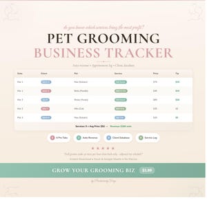 Puede incluir: Un rastreador de negocios de peluquería canina en tonos rosa y verde. El rastreador muestra datos de fecha, cliente, mascota, servicio, precio y propina. La imagen incluye el texto "Pet Grooming Business Tracker" y "Grow Your Grooming Biz."