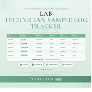 May include: A teal and white digital tracker for lab technician sample logs. The tracker includes sections for date, description, category, amount, status, and method. The text "TRACK YOUR LAB" is displayed.
