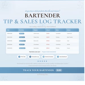 Può includere: Modello digitale blu e bianco intitolato "BARTENDER TIP & SALES LOG TRACKER". Il modello include sezioni per data, descrizione, categoria, importo, stato e metodo. Dispone anche di schede per Pro Tabs, Transaction Log, Clients & Contacts e Auto Dashboard.