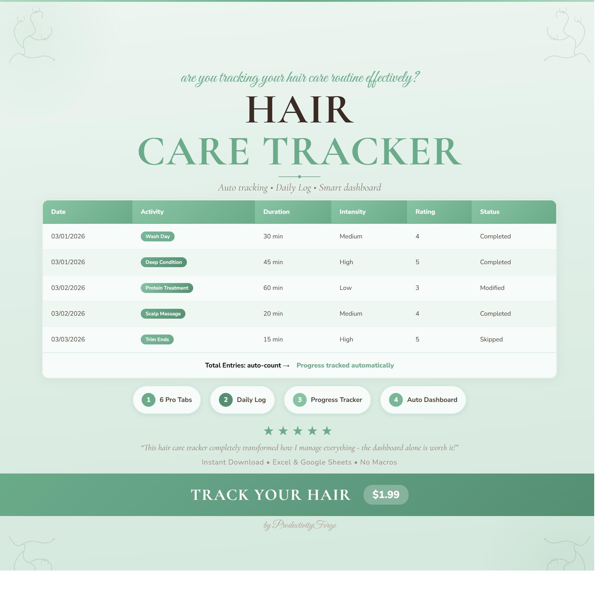 Hair Care Tracker Spreadsheet Google Sheets Excel Health Beauty Routine Digital Template - Etsy