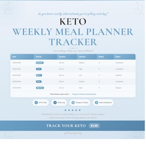 Könnte beinhalten: Ein blau-weißer Keto-Wochenessensplaner mit einer detaillierten Tabelle zur Verfolgung von Mahlzeiten, Dauer und Intensität. Der Planer enthält Abschnitte für tägliche Protokolle, Fortschrittsverfolgung und ein Auto-Dashboard. Der Text lautet "Track Your Keto".