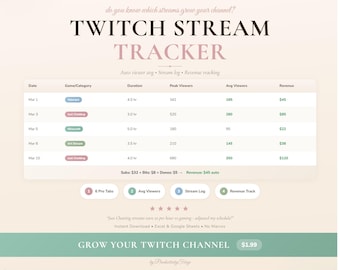Twitch Stream Tracker: Analytics, Log, Revenue (Excel, Google Sheets)