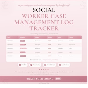 May include: A pink and white digital tracker for social worker case management. The design includes a table with columns for date, description, category, amount, status, and method. Text includes "Social Worker Case Management Log Tracker" and "Track Your Social".