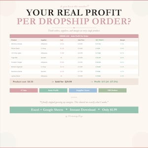 Dropshipping Bestellverfolgung | Gewinn pro Bestellung Rechner | Lieferanten Scorekarte | Excel Google Sheets