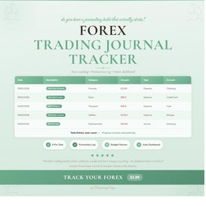 May include: A digital Forex Trading Journal Tracker spreadsheet template with a light green background. The interface displays a transaction log table with columns for date, description, category, amount, type, and account, plus four numbered navigation tabs.