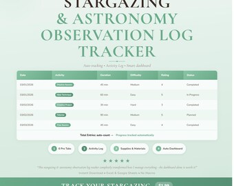 Star Gazing Log Spreadsheet | Hobby Craft Planner Tracker Google Sheets Excel Template