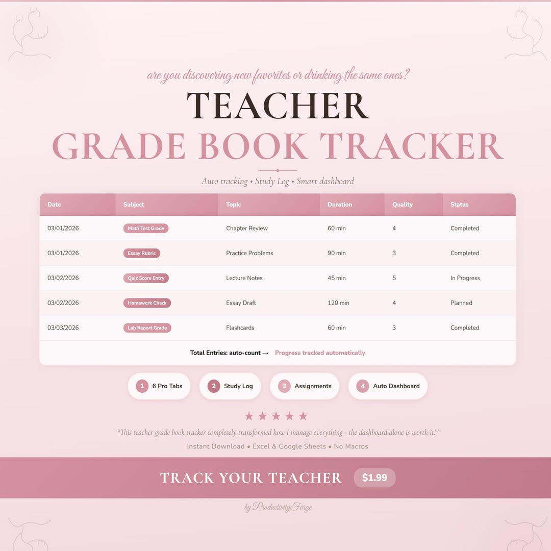 Teacher Grade Book Spreadsheet Tracker Study Academic Google Sheets ...