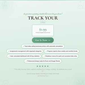 May include: A digital download graphic with the text "TRACK YOUR CODING" and a price of &pound;1.58. The design includes a green "Get It Now" button and bullet points describing features like daily entry tracking and auto-calculated dashboards.