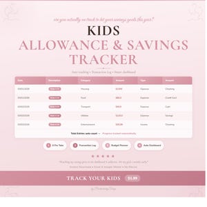 May include: A digital Kids Allowance & Savings Tracker spreadsheet interface in shades of pink. It features a transaction log table with columns for date, description, category, amount, type, and account, plus navigation tabs and a five-star review.