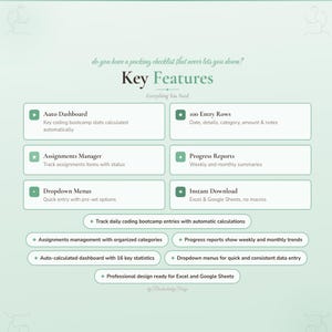 May include: A light green graphic with the text "Key Features" and "Everything You Need." The graphic lists features such as "Auto Dashboard," "Assignments Manager," "Dropdown Menus," "100 Entry Rows," "Progress Reports," and "Instant Download."