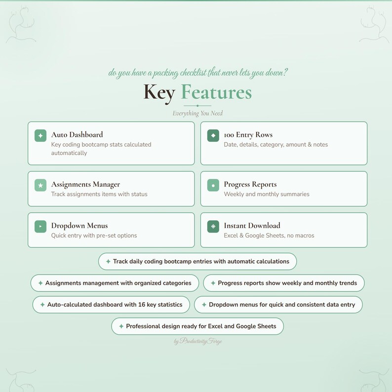 May include: A light green graphic with the text "Key Features" and "Everything You Need." The graphic lists features such as "Auto Dashboard," "Assignments Manager," "Dropdown Menus," "100 Entry Rows," "Progress Reports," and "Instant Download."