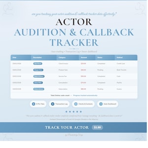 Puede incluir: Un rastreador digital de audiciones y callbacks de actores con un diseño azul y blanco. El rastreador incluye secciones para fecha, descripción, categoría, cantidad, estado y método. El texto "TRACK YOUR ACTOR" se muestra con un precio de 1,99 €.